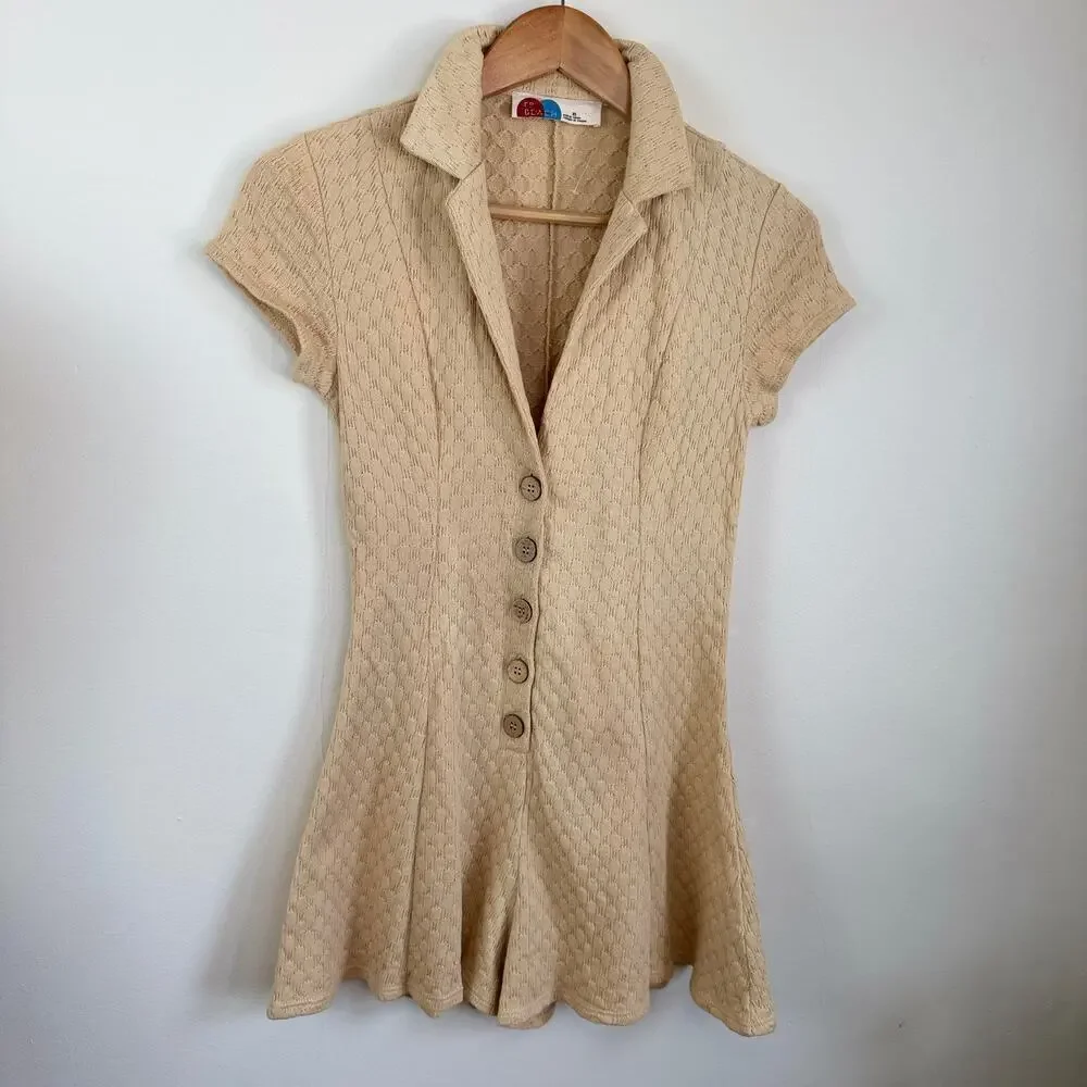 Free People Beach Crochet Knit Cotton Ramona Romper XS Button Tan Beige